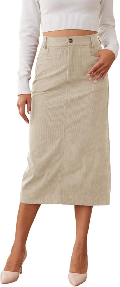 Amazon.com: HERBATOMIA Women's Pencil Skirt Corduroy Mid Length